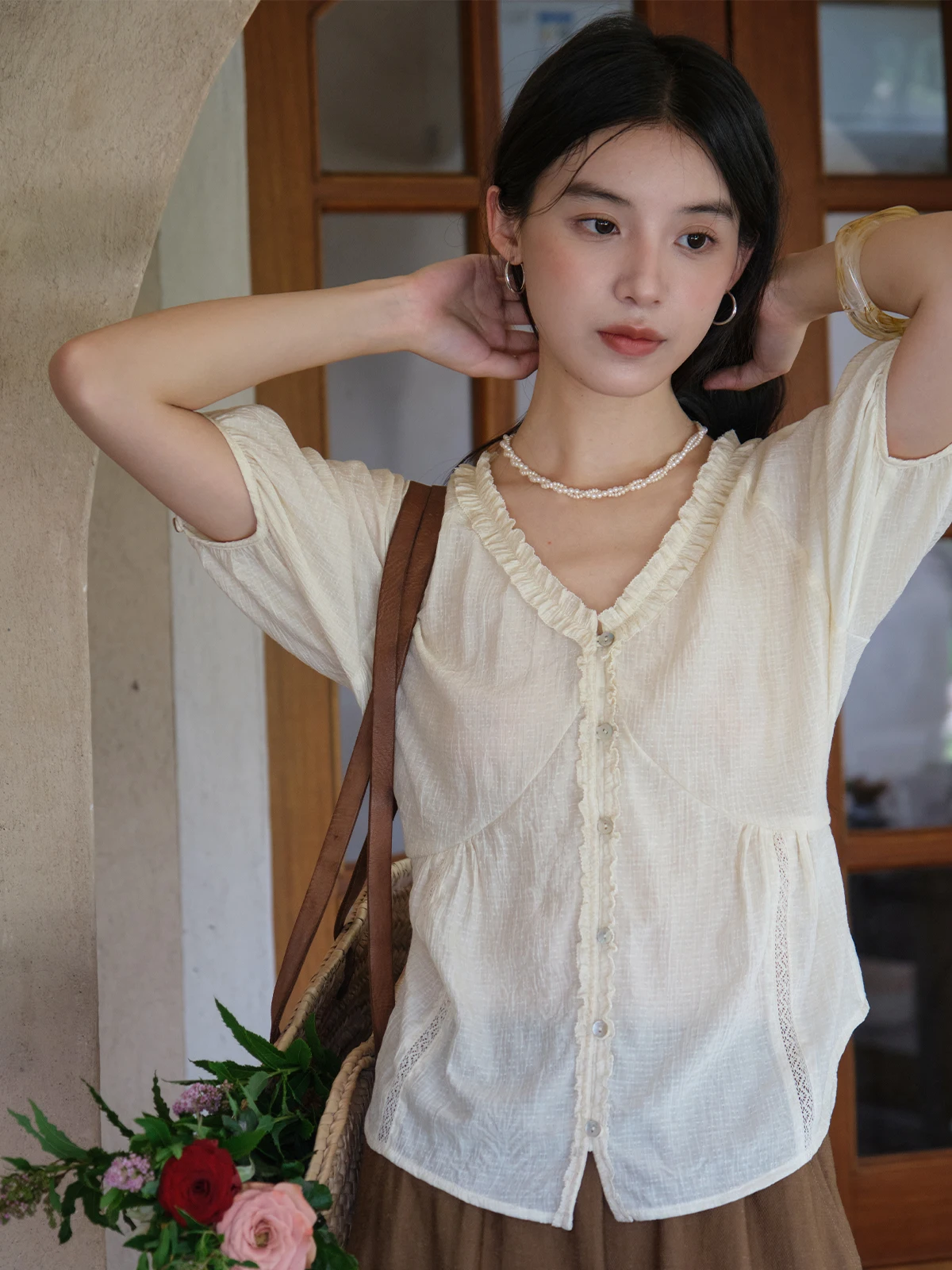 

Женская свободная рубашка Botanique Plant Science Morning Dew с кружевным воротником, из смесового хлопка, с V-образным вырезом, коротким рукавом, дышащая