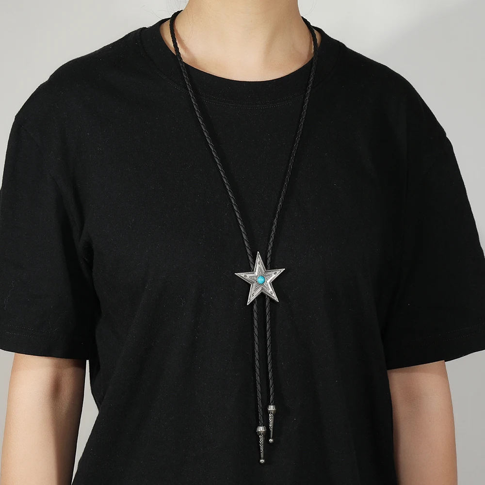 Vintage leather chain Bolo Tie for Men Western Cowboy Necktie Bolo Tie for Shirt Fashion star long necklace