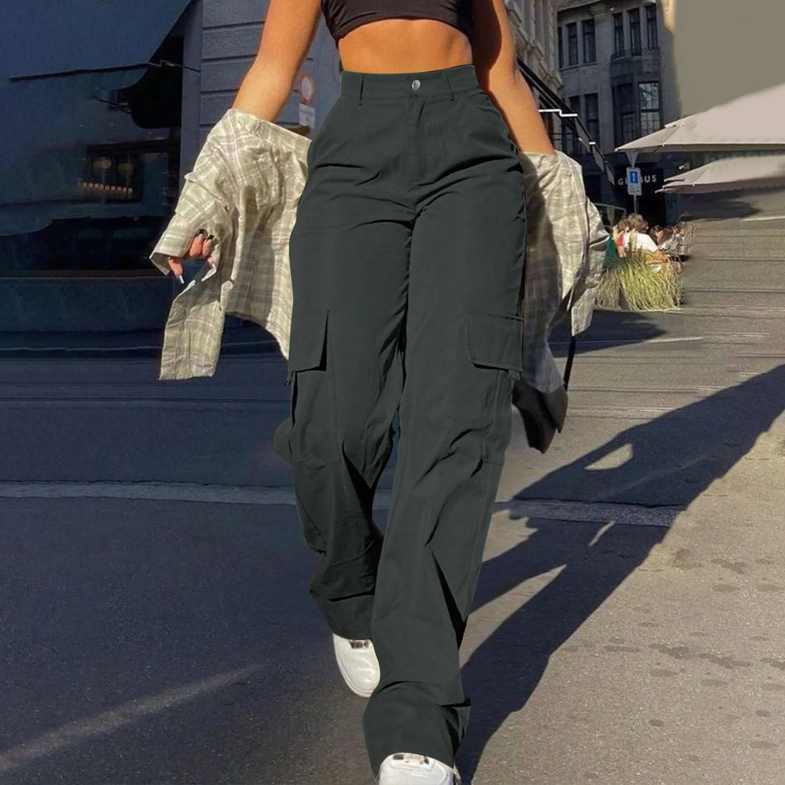 

Y2k Women Solid Color Cargo Pants Fashion Casual Straight Leg Big Pockets Baggy Trousers Multifunctional Jogger Sweatpants