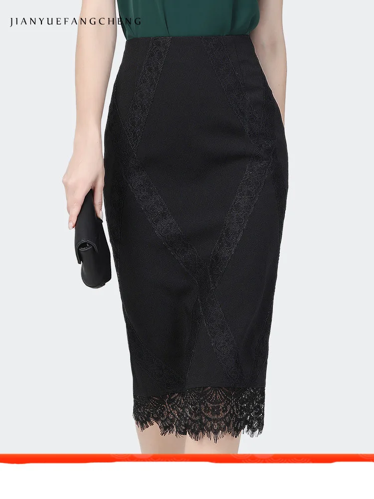 Women Summer High Waist Black Pencil Skirt Mid-Length Office Ladies Wrap Skirt With Lace Edge Sexy Elegant Work One Step Skirts