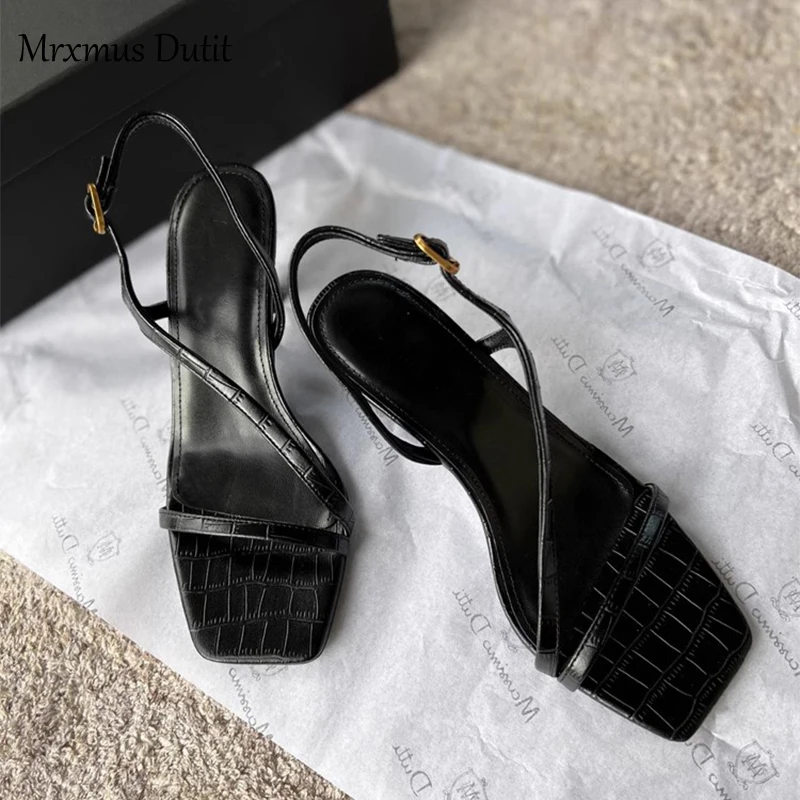 Mrxmus Dutit 2023 New Summer Fashion Genuine Leather One Word Belt Stiletto High Heel Shoes Women Solid Simple Casual Sandal