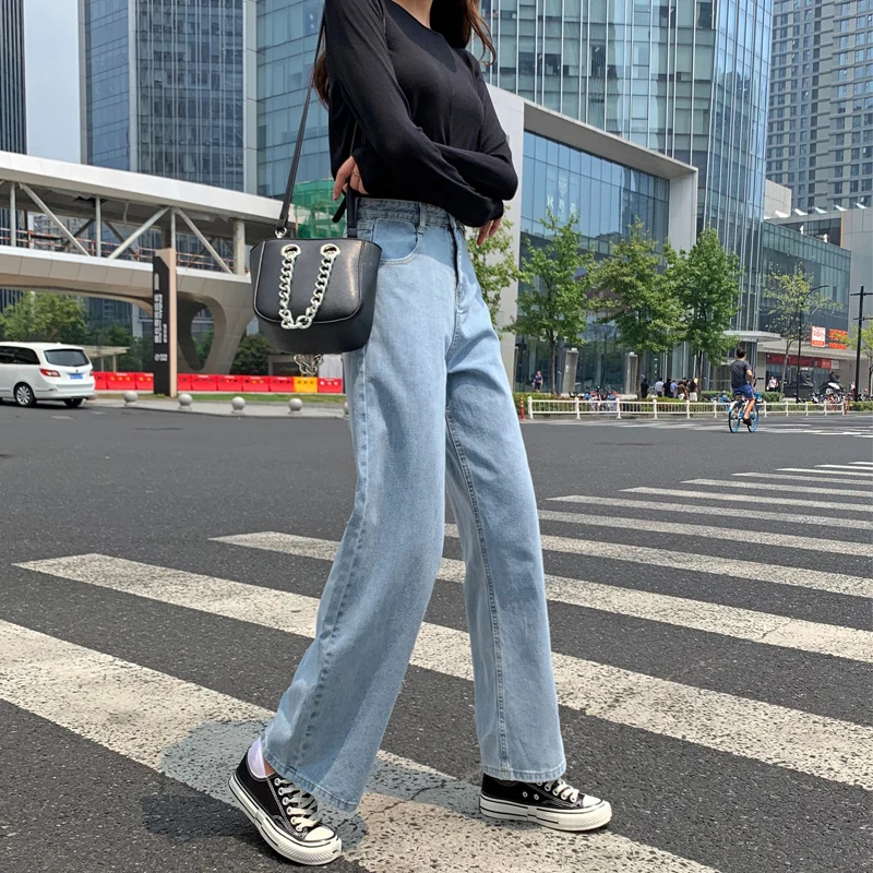 

Свободные прямые джинсы с высокой талией, женские осенние новые брюки длиной до пола, широкие брюки, повседневные хлопковые джинсы