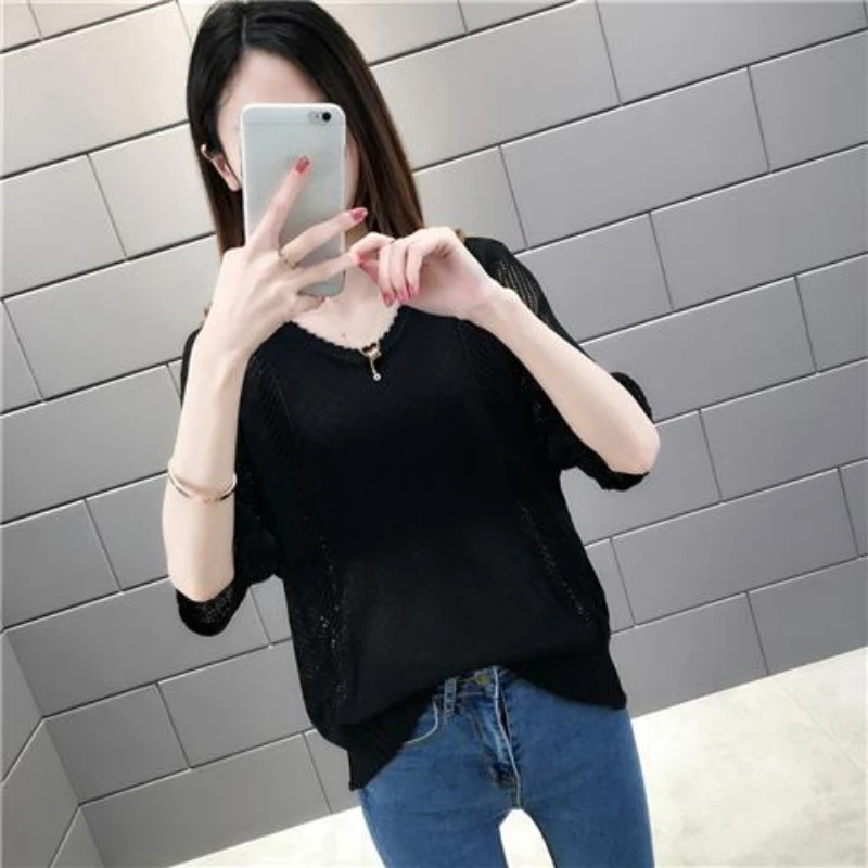 Spring Summer Thin Bat Sleeve Knit Top for Women 2023 New Loose Relaxed Pullover Round Neck Hollow Short Sleeve Bottom Top