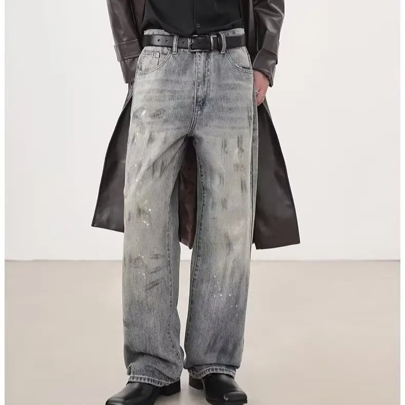 

High Street Retro Spring And Autumn New Straight Ink Splash Jeans Men's Loose Trendy Brand Casual Washed Long Pants Men