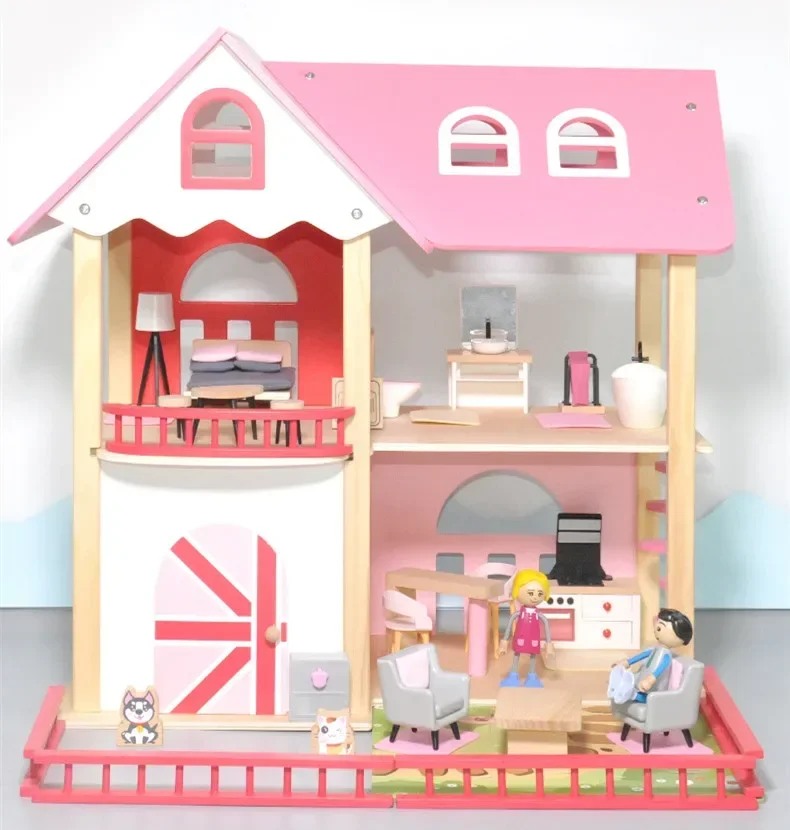 50cm High Quality Wooden pink villa European princess doll room house Play house Puzzle Interactive Toys baby birthday gift