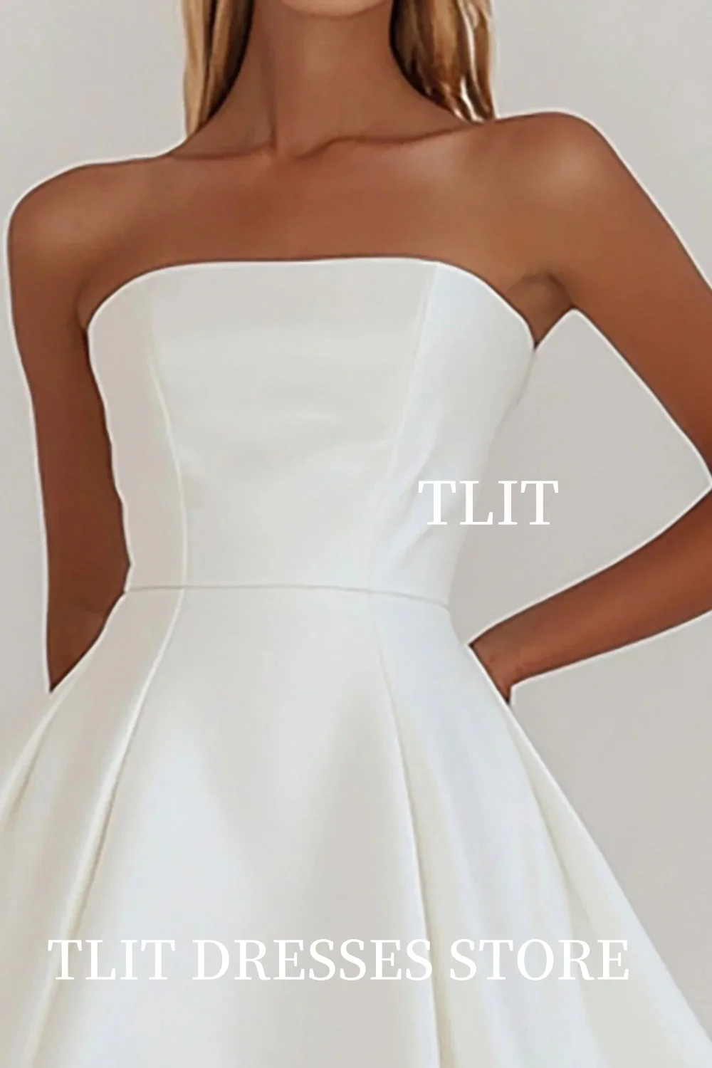 فستان سهرة TLIT بسيط أبيض قصير من الساتان على شكل حرف a بدون حمالات ثنيات فساتين لحفلات الكوكتيل مخصص بدون أكمام فستان نسائي