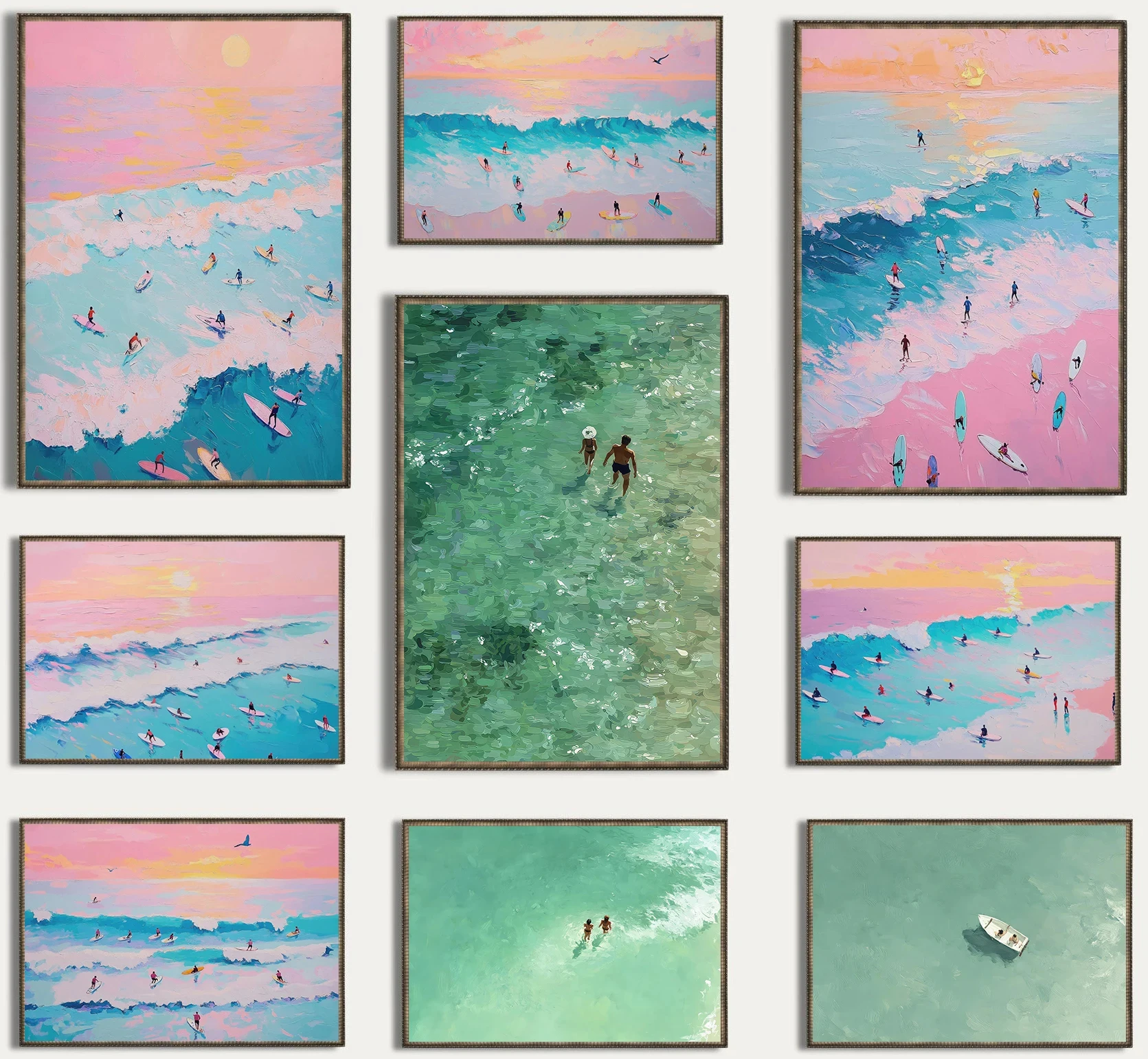 Summer Ocean Pink Beach Swimming Surf Minimalist Green Abstract Retro Poster Diamond Paintings Wall Art Pictures Home Decor