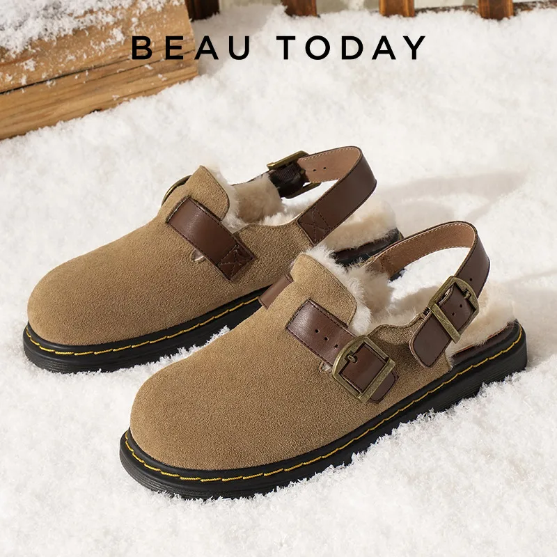 BEAUTODAY Suede Clogs Women Cow Leather Sandals Warm Wool Buckle Design Round Toe Spring Female Flat Shoes Handmade 37039