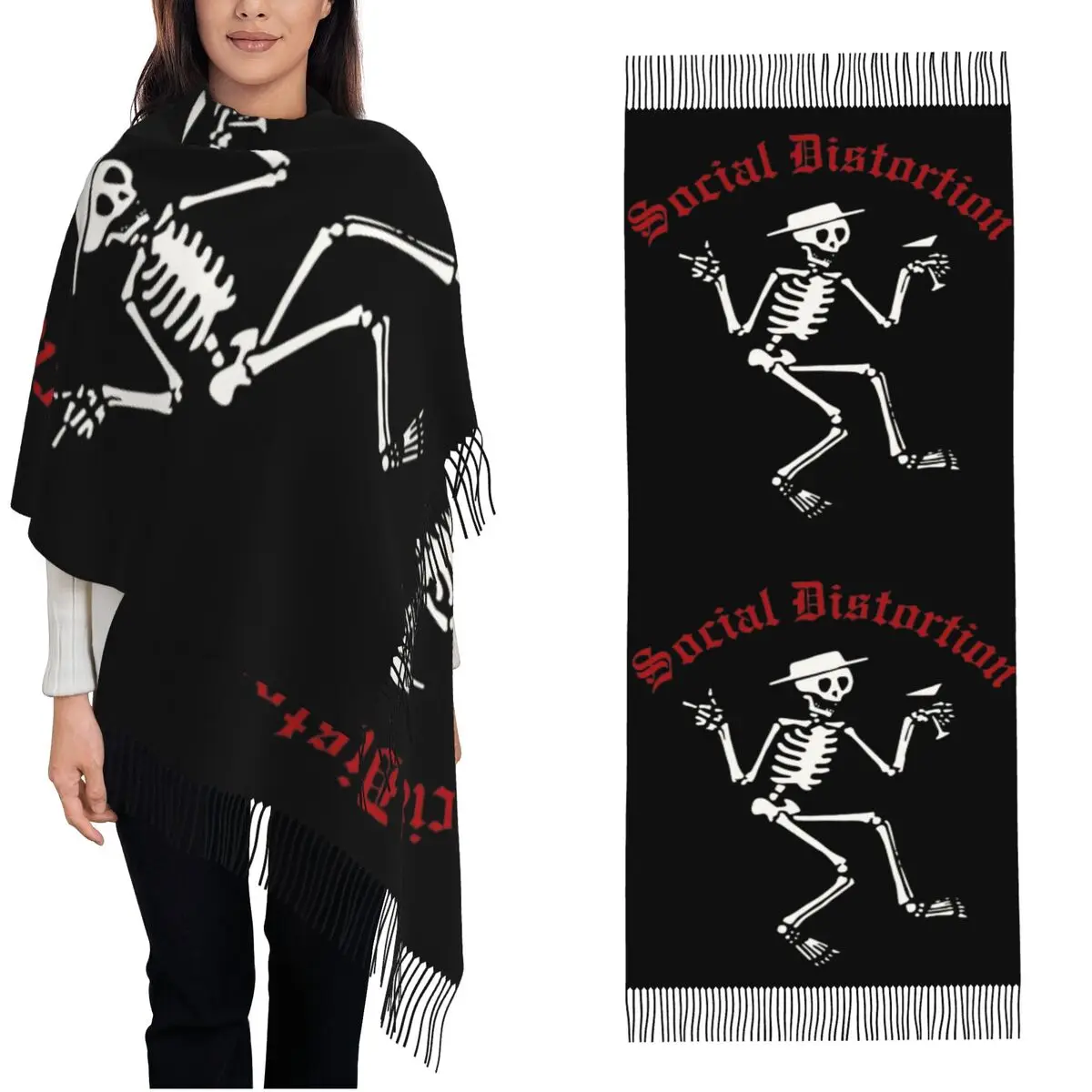 Social Distortion Music Band Scarf for Womens Fall Winter Cashmere Shawls and Wrap Punk Rock Large Scarf with Tassel for Ladies