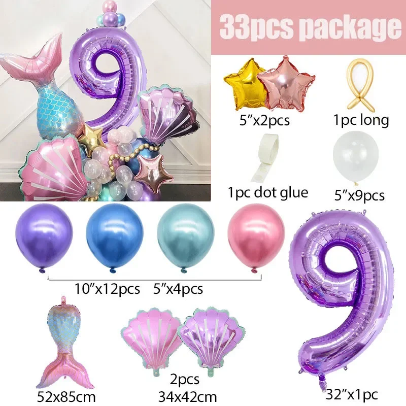 33-teiliges Meerjungfrauen-Muschel-Zahlenballon-Set, Meerjungfrauen-Themen-Folienballons für Mädchen-Geburtstag, Babyparty, Unterwasser-Party-Dekoration – Detail 13