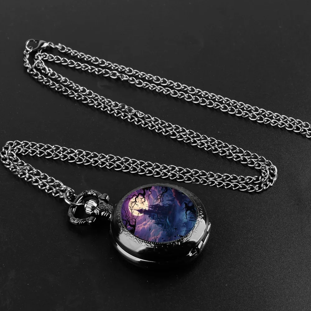 Magic Castle themed quartz pocket watch, unique glass patch design