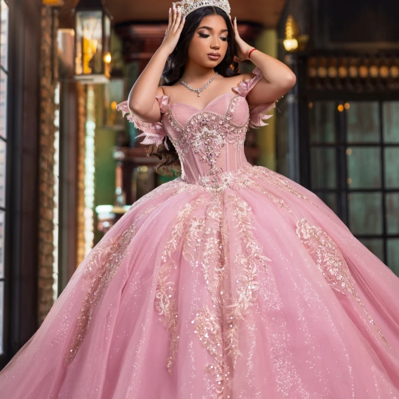 

Light Pink Shiny Ball Gown Quinceanera Dresses Gold Applique Lace Beading Crystal Bow Tull Corset Off The Shoulder Sweet 16 Dres