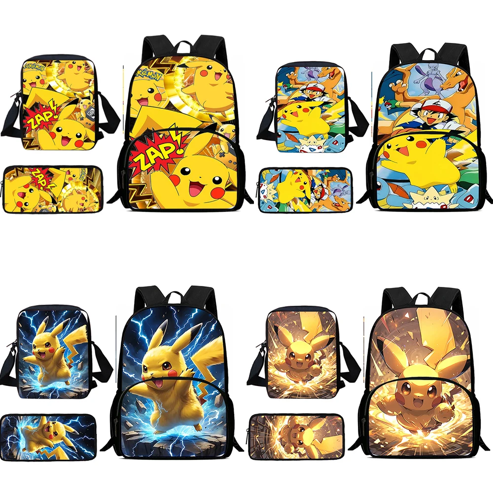 Mochilas Anime Pikachus Child, Bolsa de Ombro, Estojo para Lápis, Mochilas Escolares de Grande Capacidade, Meninos e Meninas, Melhor Presente, Conjunto 3 peças