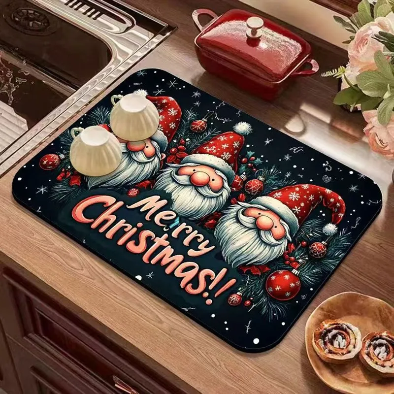 VIKAMA Diatomite Drying Mat, Super Absorbent Fast Drying Non-Slip Heat Resistant Coffee Bar Gnome Snowflake Winter