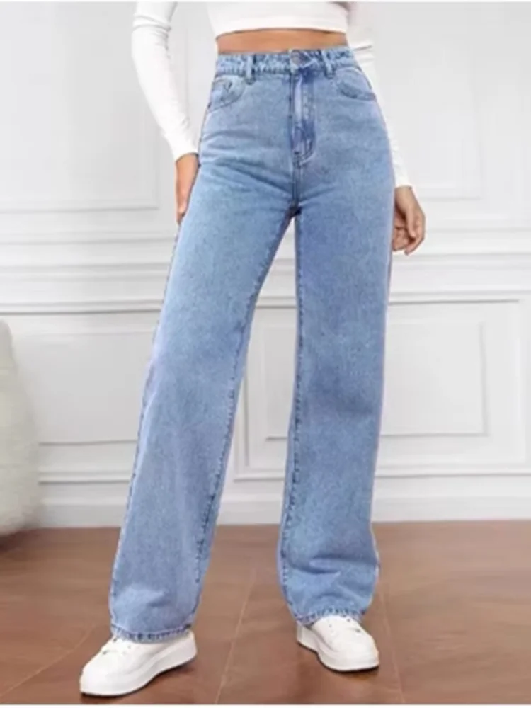 Zwarte jeansbroek Dames effen kleur broek Hoog getailleerde zak Street Fashion Dagelijkse herfst broek met rechte pijpen