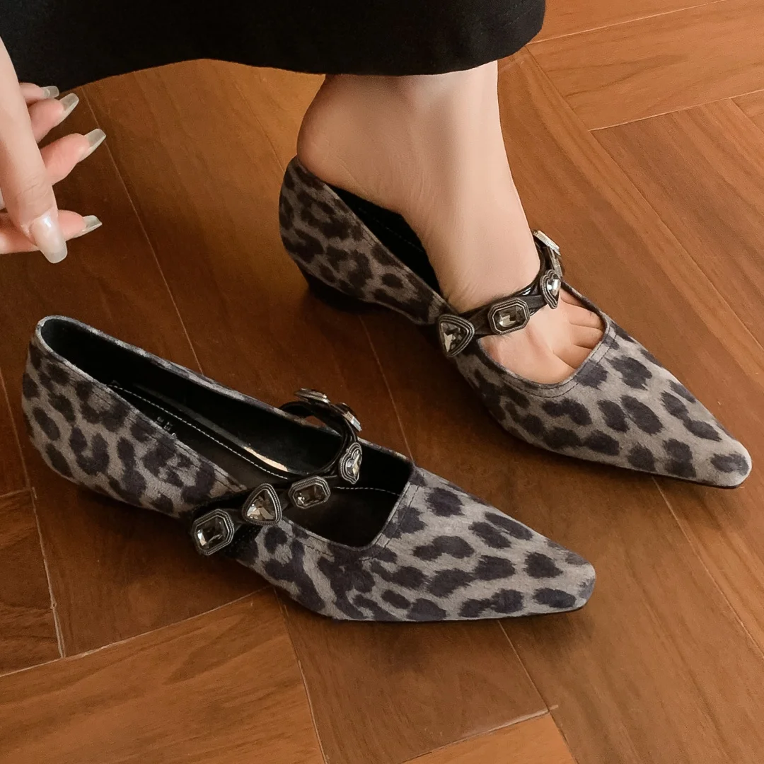 

Women's leopard natural suede leather crystal buckle pointed toe slip-on flats 3cm kitten heel elegant ladies slim dress shoes