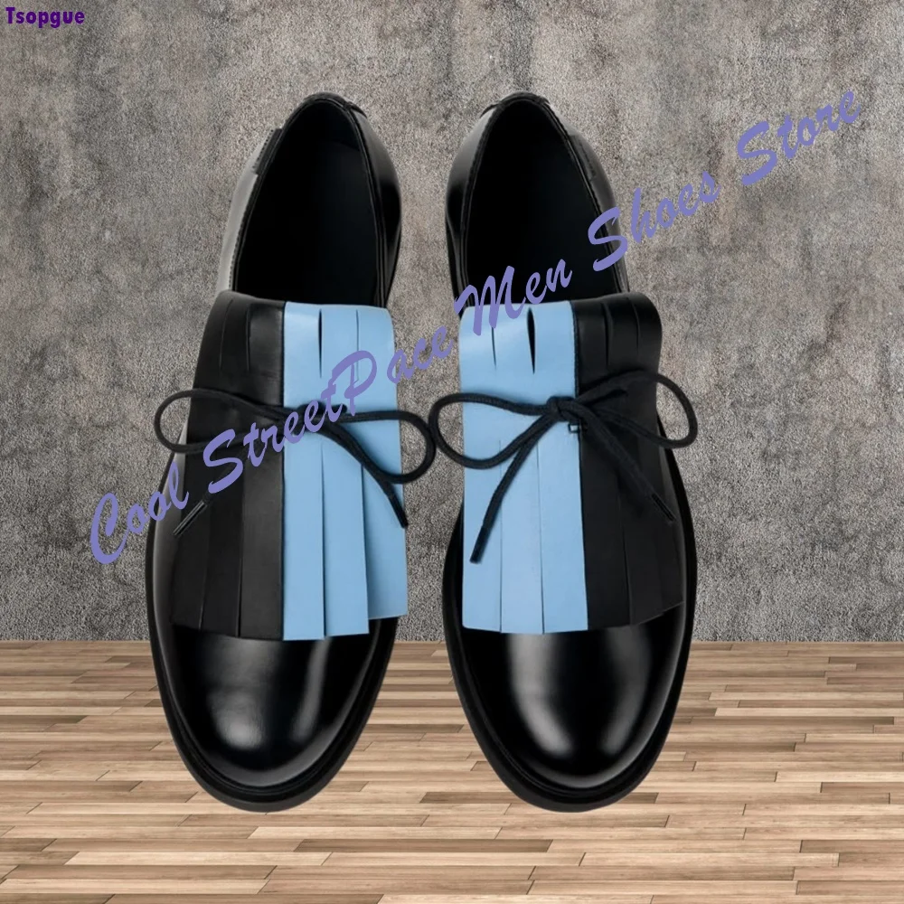 Lace Up Oxford Dress Shoes Men Light Blue Upper Multi Color Fringe Spliced Panel Contrast Color Flat Low Heel Fashion Handmade