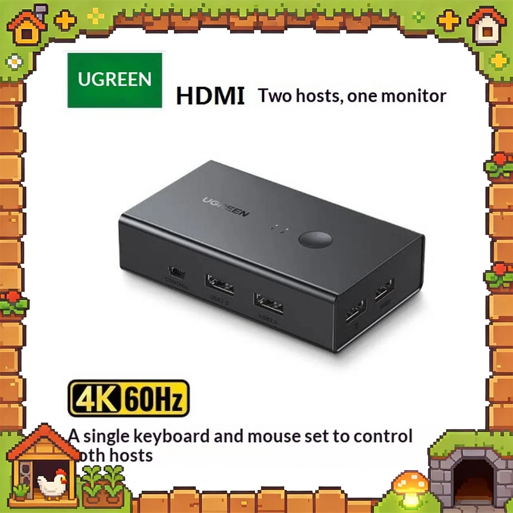 UGREEN 90478 CM571 HDMI 2.0 KVM Switch 2 In 1 Out 4K 60Hz for Two Computers One Monitor Keyboard Mouse