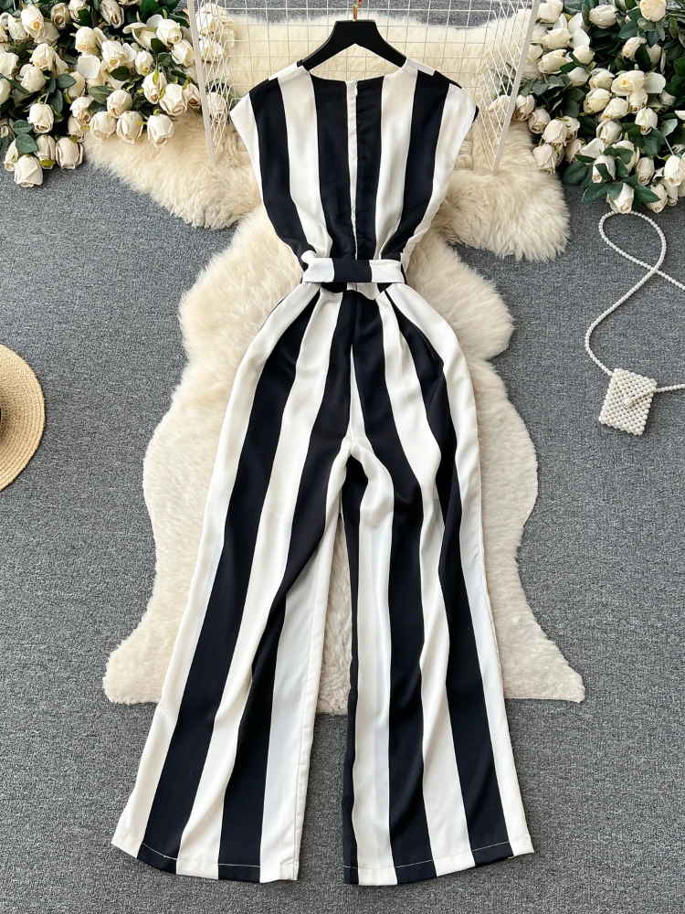 Women Vintage Playsuits Summer Sexy V-neck Sleeveless Striped Jumpsuit Ladies High Waisted Slim Wide Leg Pants Romper