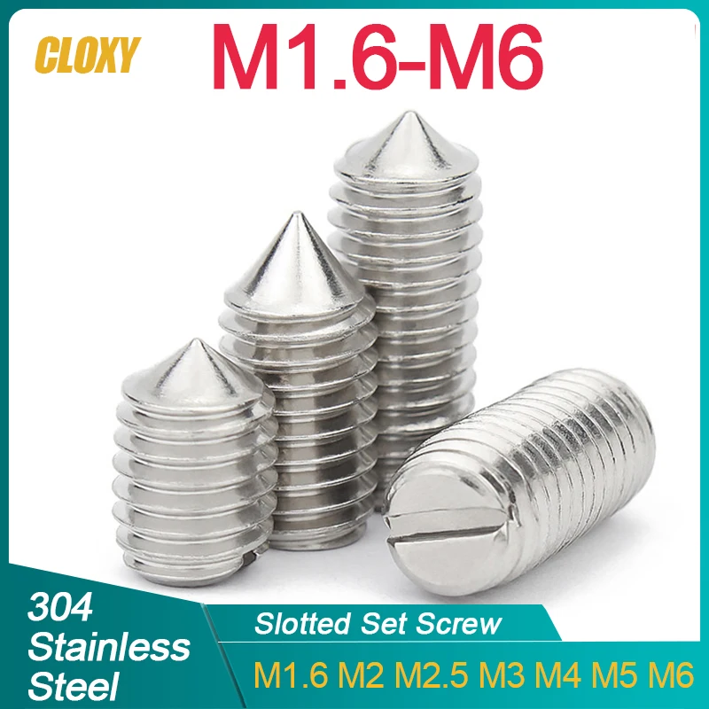 

10pcs/lot M1.6 M2 M2.5 M3 M4 M5 M6 304 Stainless Steel (A2-70) Slotted Head Cone Point Grub Set Screw Tapered End Headless Bolt