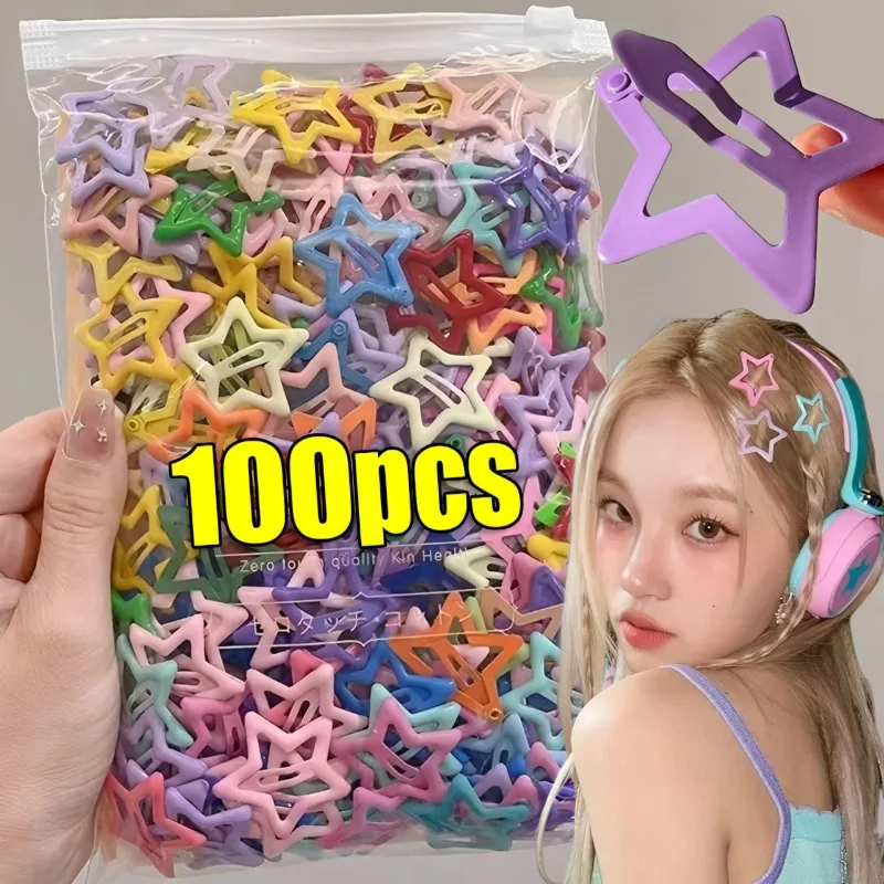 10/100pcs Colorful Resin Star Hair Clips Y2K Barrettes Sweet Girl Metal Snap Clips BB Solid for Teens Kawaii Hair Accessories