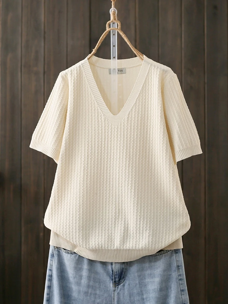 Summer Loose Thin V-Neck Ice Silk Short Sleeve Knitted T-Shirt Women's White Age-Defying Top Pouilly Angel Korean Style