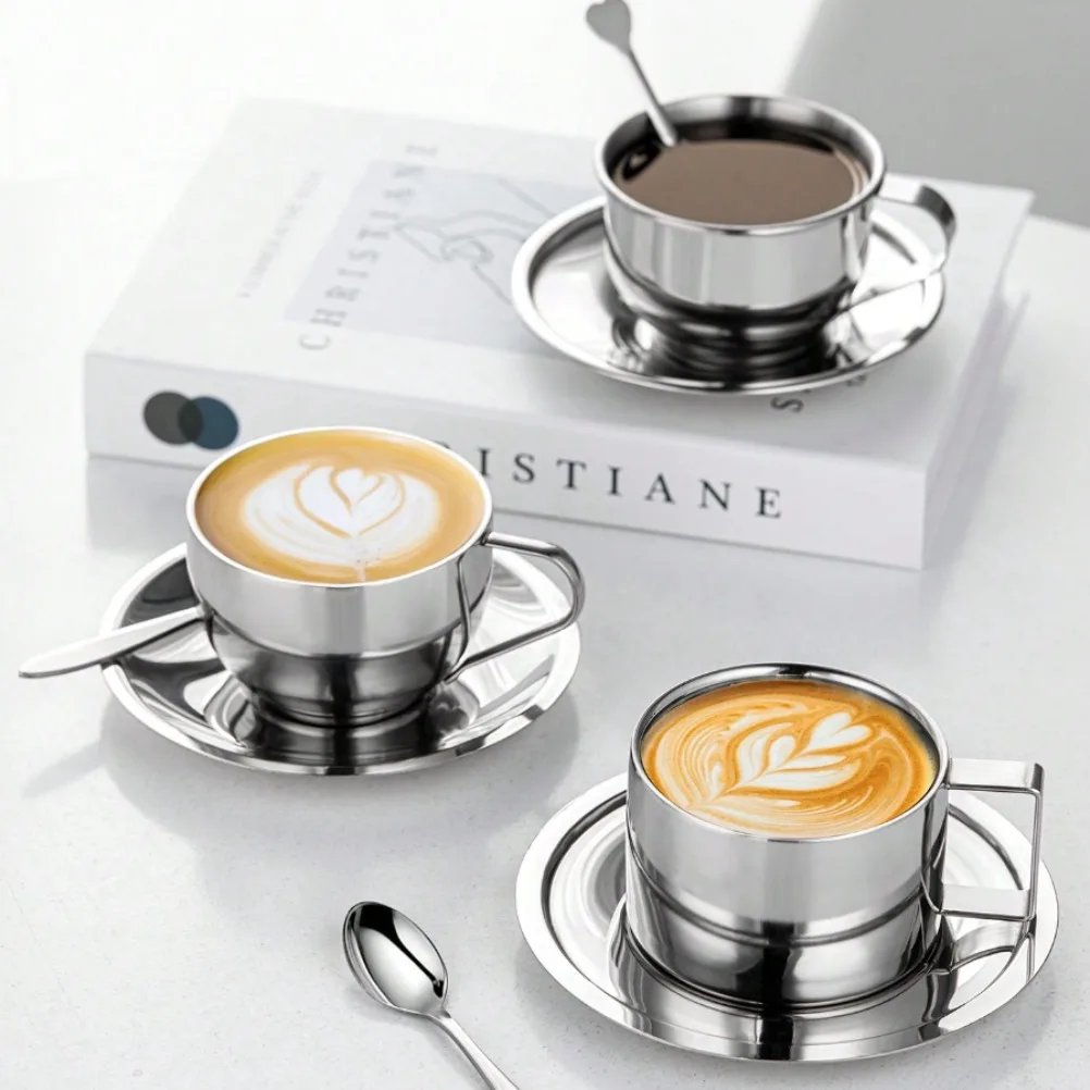 Stainless Steel Cup 3-piece Set Milan Coffee Cup Suit with Spoon Tray High Quality Stainless Steel Cups Set with Teapot