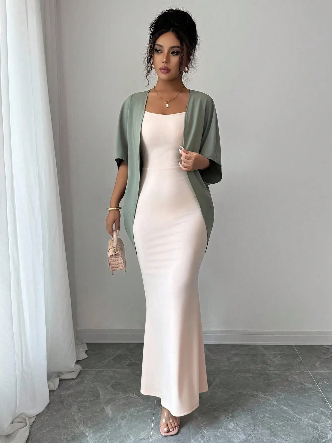 

Комплект из 2 предметов: однотонный кардиган с открытым передом и облегающее макси-платье-комбинация