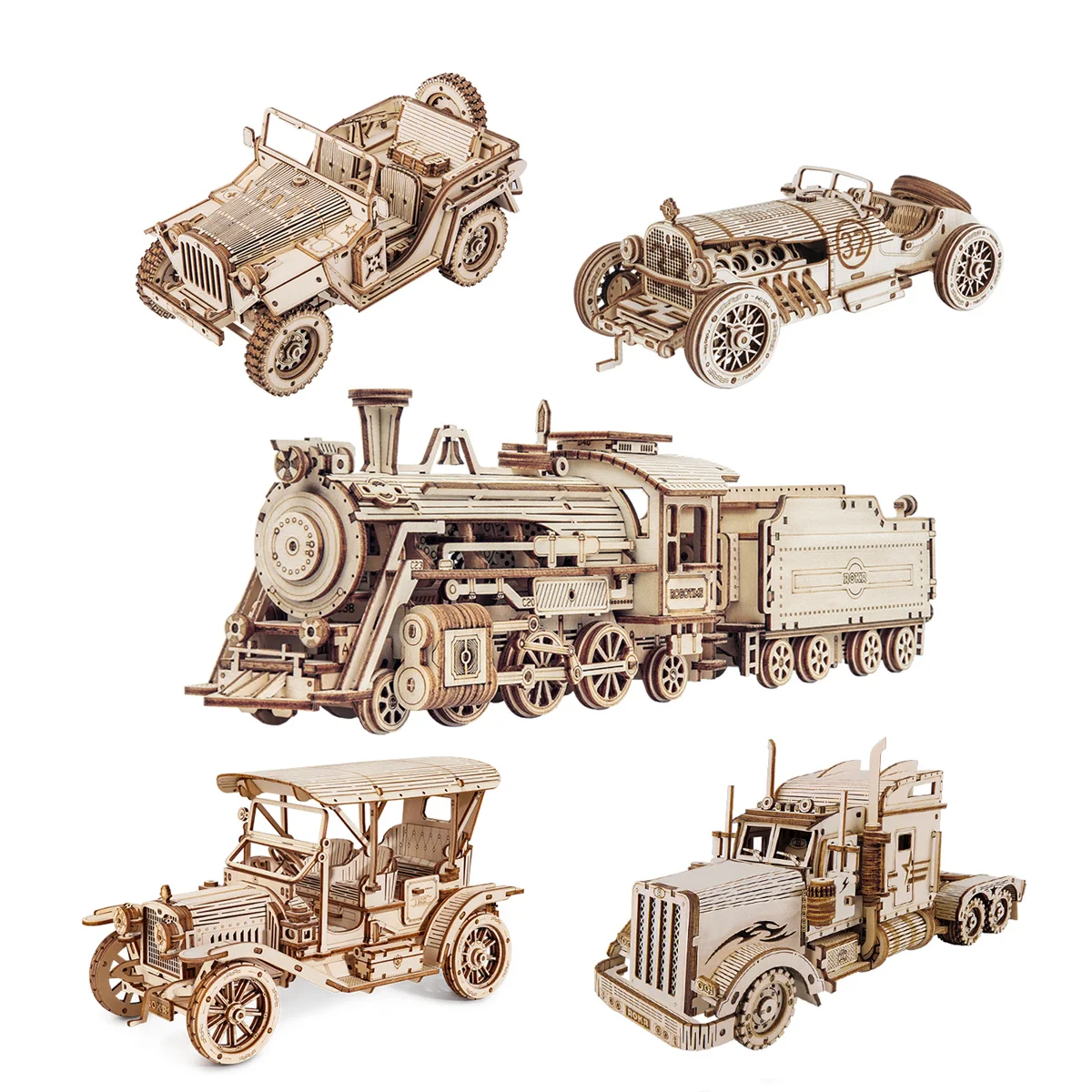 Robotime Rokr Classic Car 3D Wooden Puzzle Train Army Jeep Heavy Truck Vintage Car 1:15 Scale Model Building Kits for Kids