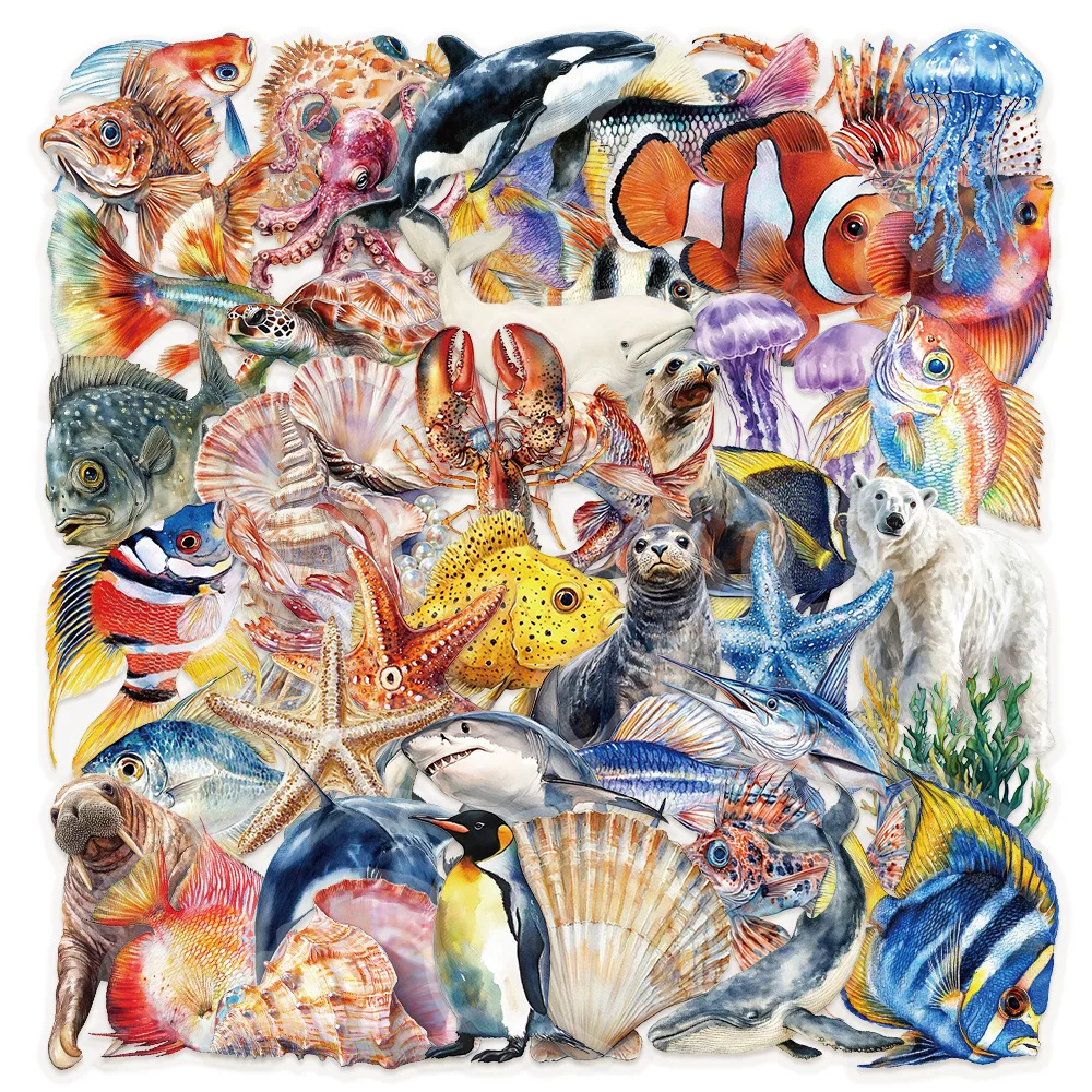 

50PCS Marine Life Stickers Octopus Shell Fish DIY Scrapbooking Stationary Travel Luggage Car Laptop Waterproof PET Sticker