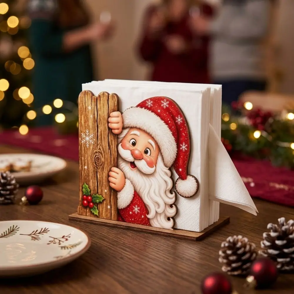 2D Flat Peeking Santa Napkin Holder Thick Snowman Wooden Paper Towel Rack Painted Decorative Vertical Tissue Dispenser