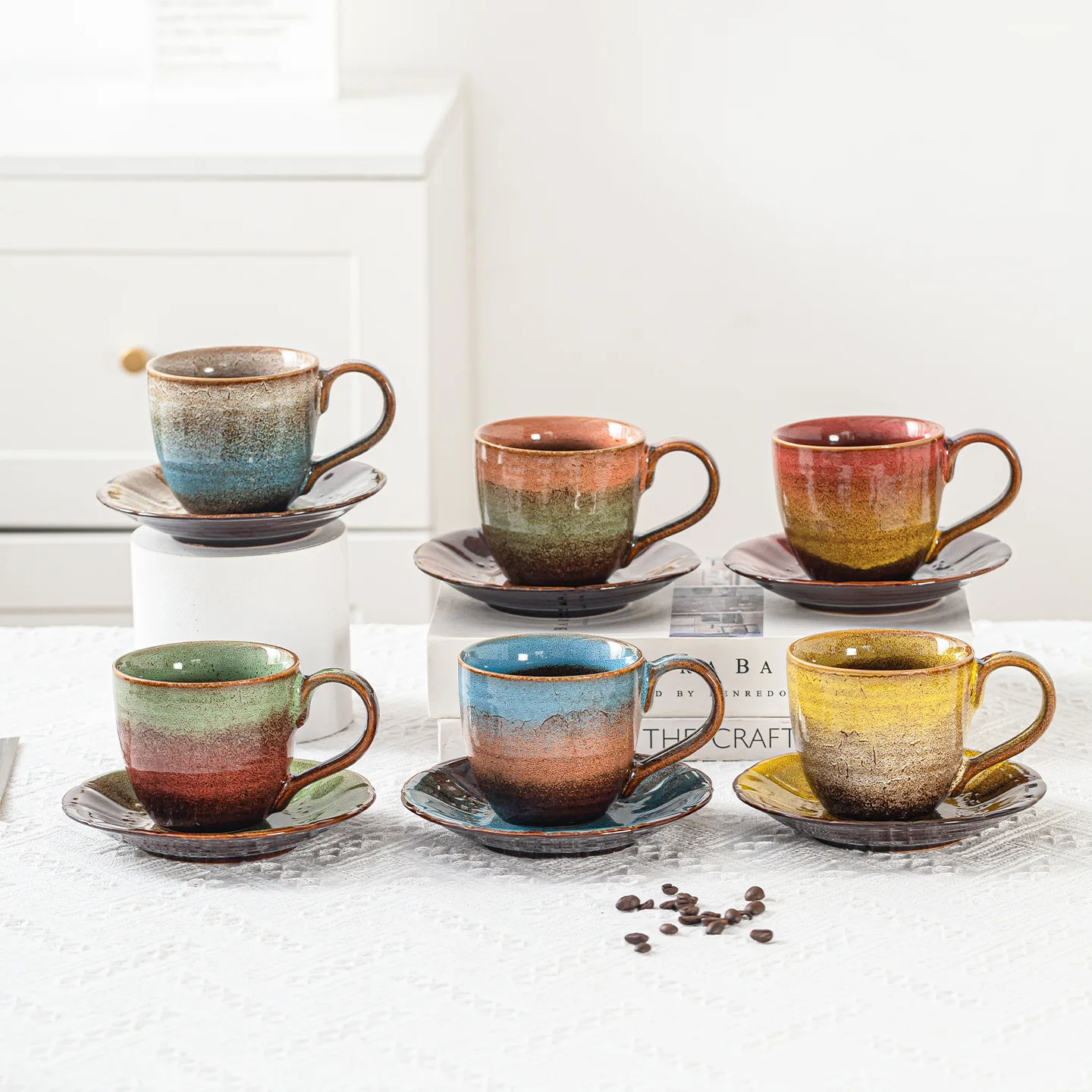 280ml Ceramic Coffee Cup Plate Creative Splicing Color Design Mug with Tray Household Drinking Breakfast Milk Oatmeal Cup Sets