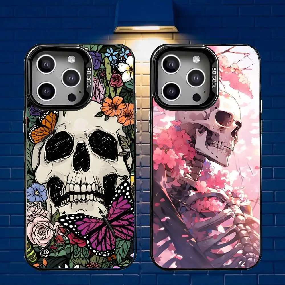 

S-Spooky S-Skull Patterns Phone Case For iPhone 16,15,14,13,12,11,Mini,Pro,E,MAX Gray Matte Silicone Black Cover
