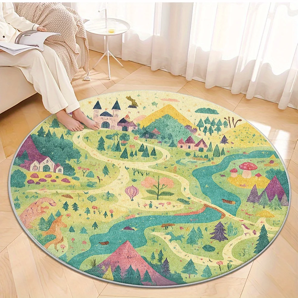 Round Whimsical Nature Landscape Rug for Kids Playroom Floor Mat Fantasy Forest Path Cottage Storybook Decor Soft Area Carpet fo