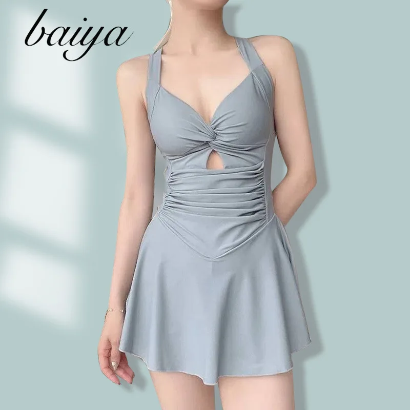 

Swimming Suit For Women Solid Color Slimming One-piece Dress Style Conservative Waist Tightening Slimming Vacation Swimsuit