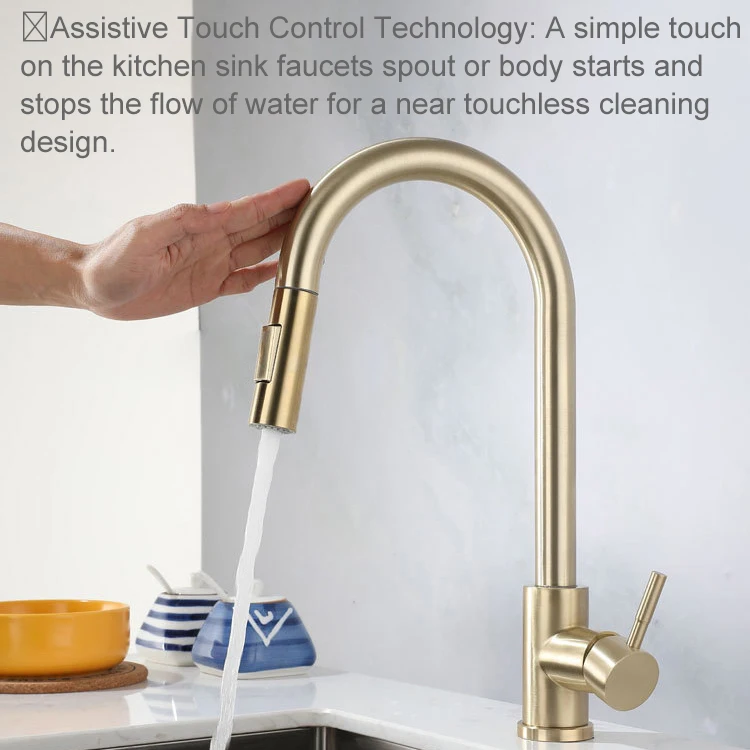 Brushed Gold Touch Kitchen Faucets 304 Stainless Steel Hot Cold Pull Out Kitchen Sink Mixer Tap Smart Touch on Kitchen Faucet