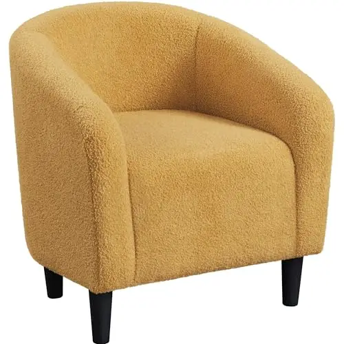 Small 25.5in Wide Sherpa Barrel Accent Chair, Mustard Yellow | Compact Cozy Barrel Chairs with a Curved Silhouette
