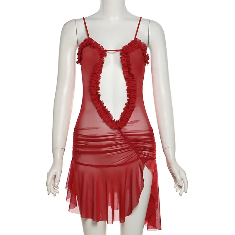 الكشكشة بقماش شفاف بروتيل فستان قصير المرأة مثير العميق الخامس الرقبة السباغيتي الأشرطة عارية الذراعين سبليت ملابس الحفلات كلوبوير ملابس الشاطئ