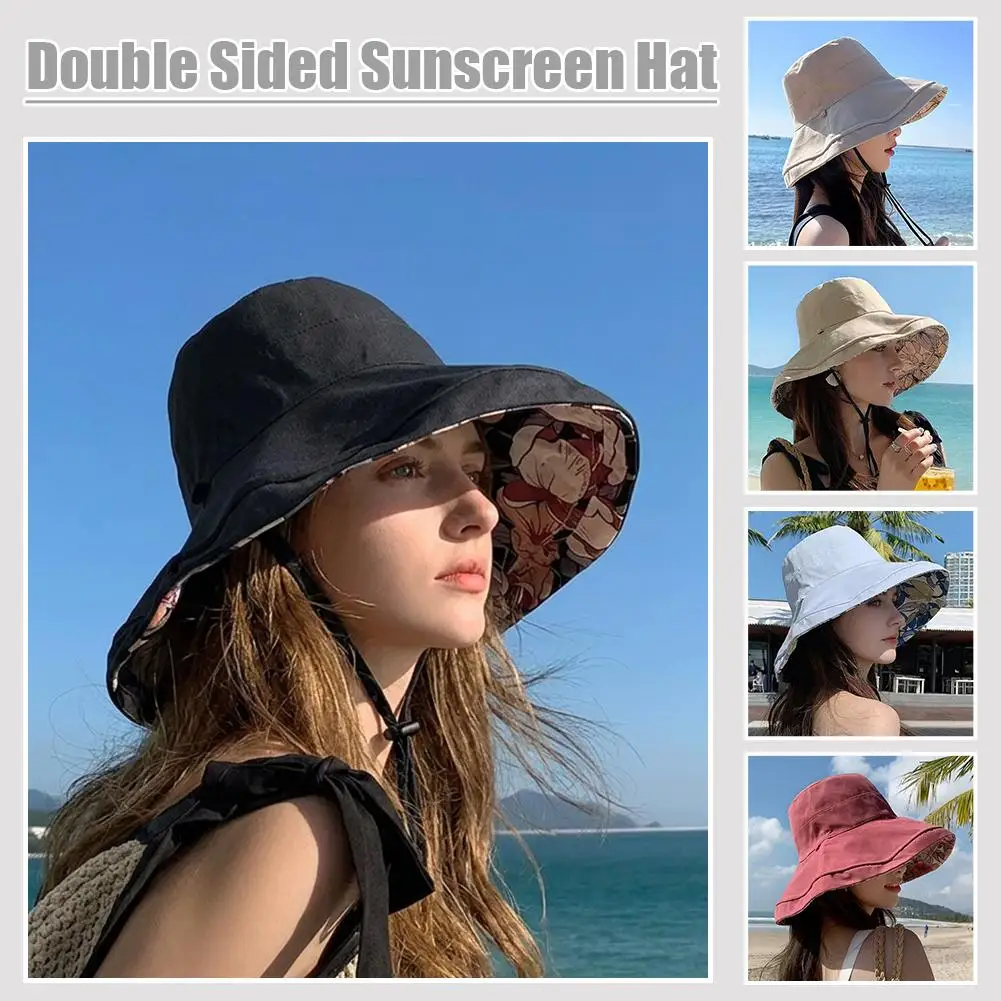 Double-Sided Printed Sun Hat Dual-Style Reversible Wear Sun Protection Windproof Rope Flower Print Wide Brim Fisherman Hats