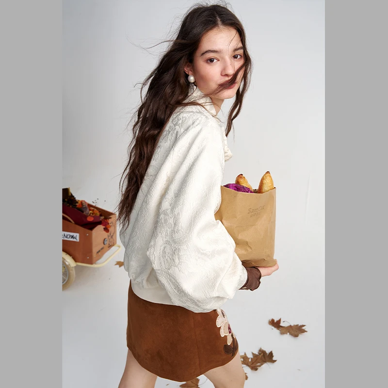 ELFSACK Women's Neo-Chinese Bomber Jacket with Ruffle Collar & Pearl Buttons, Elegant Outerwear for Daily Casual