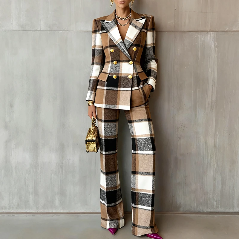 

Lapel Double Breasted Long Sleeved Jacket Suit Casual High Waisted Straight Pants Outfit Winter Plaid Printed Slim Women's Suit