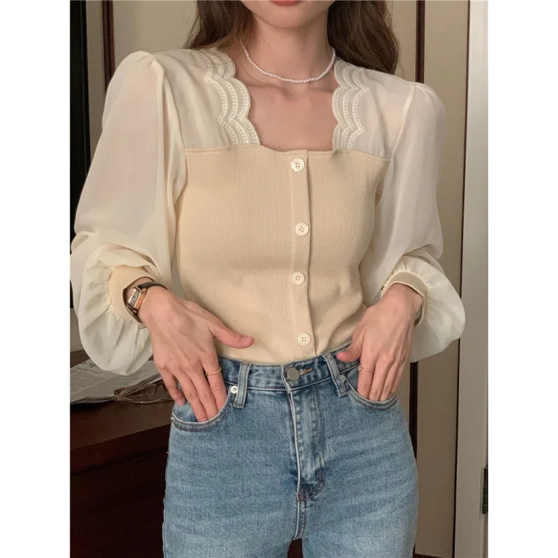 Spring Autumn New Women\'s 2024 Color Block Square Collar Button Spliced Long Sleeve Fashion Simplicity Sweet Slim Shirt Tops