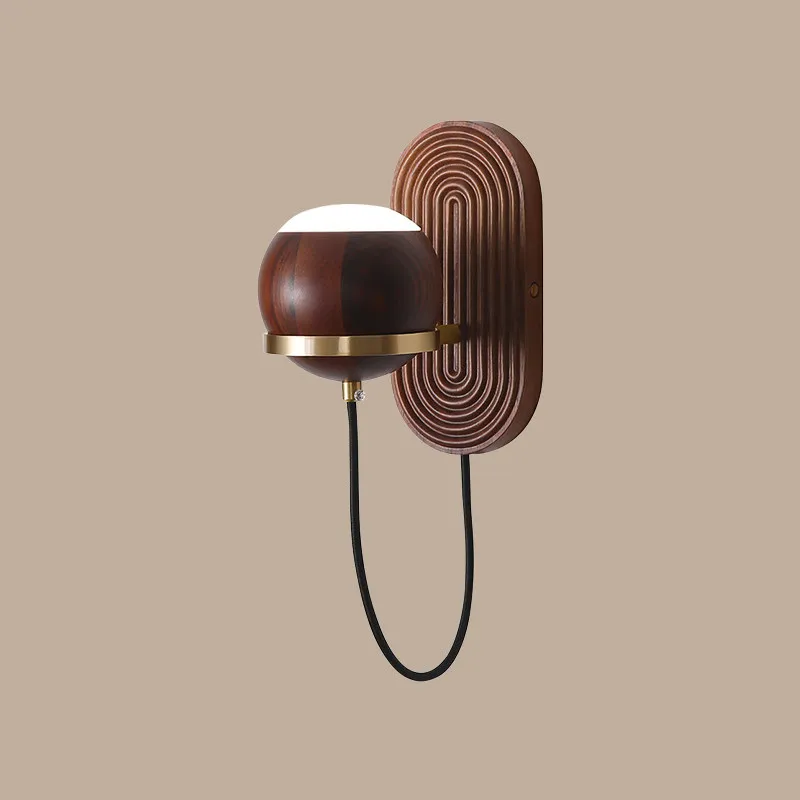Walnut Wood Circular Sphere Vintage Wall Lamp Minimalist Sconce Light for Bedroom Bedside Living Room Restaurant Background Wall