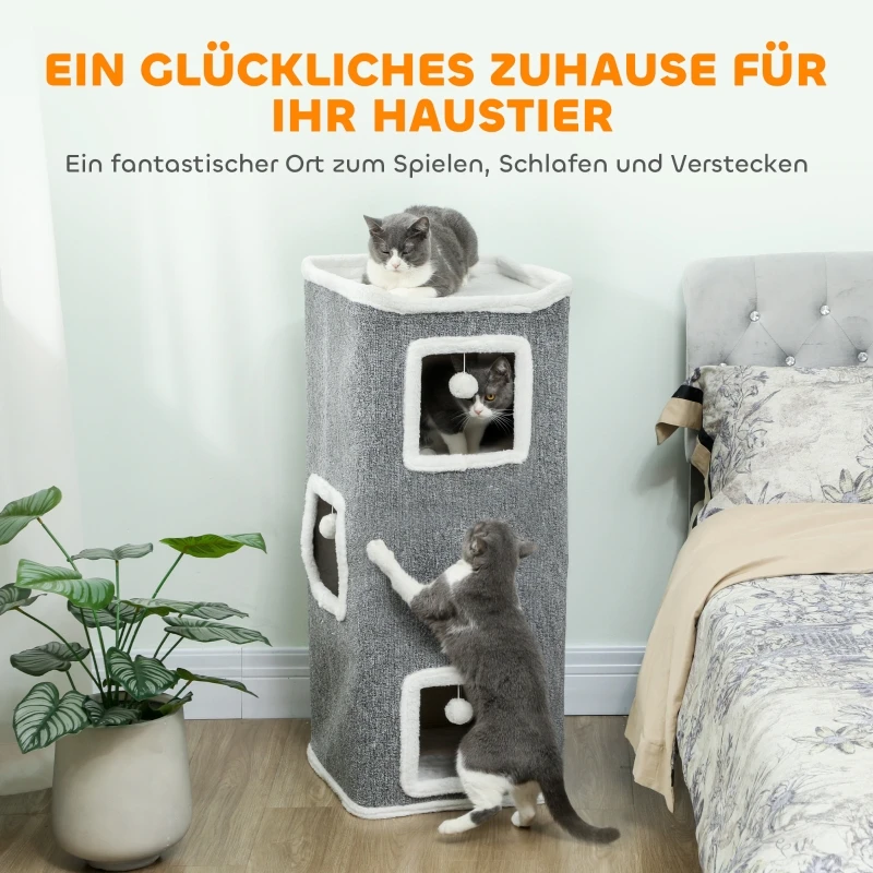 Premium 4-Stöckiger Katzenturm mit 3 Höhlen, Kratzbaum, Hochwertiger Spanplatte, Hängenden Spielbällen, Grau für Hauskatzen