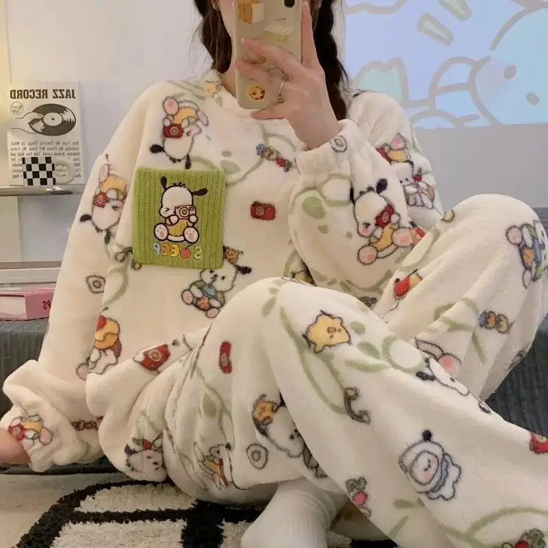 Women's Pajamas Hello Kitty Autumn Winter Coral Velvet Home Clothes Kawaii Girls Pajamas Set Soft Cartoon Loose New Style Gift view 5