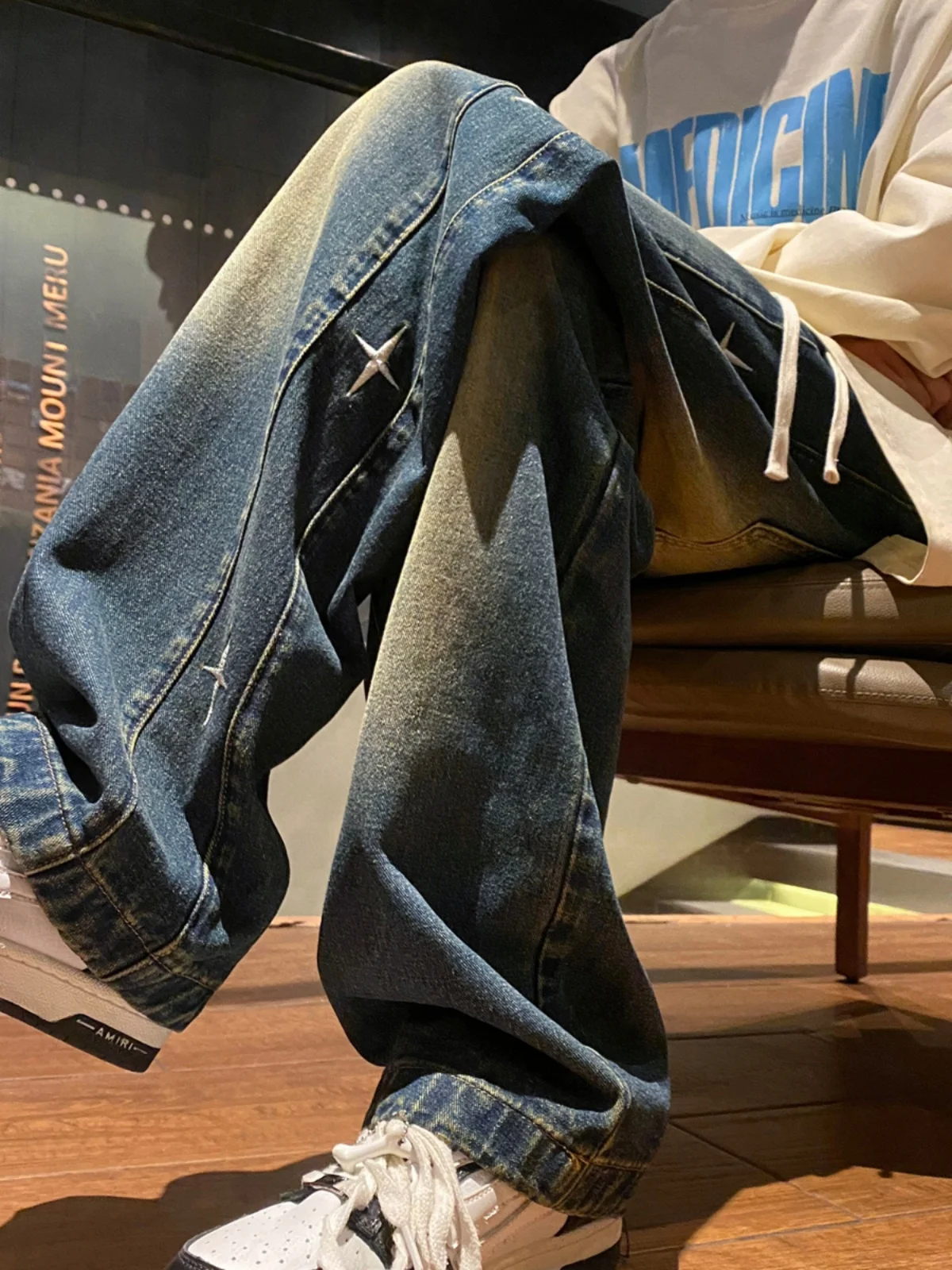 

Waed Star Embroidery Men's Jeans Straight Leg Wide Leg Long Pants Retro American High Street Sle Summer 2024 New Arrival