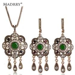 Madrry Alloy Metal Turkish Vintage Jewelry Sets Necklace & Earrings Resin Crystal Sculpture Flowers Antique Silver Color Bijoux