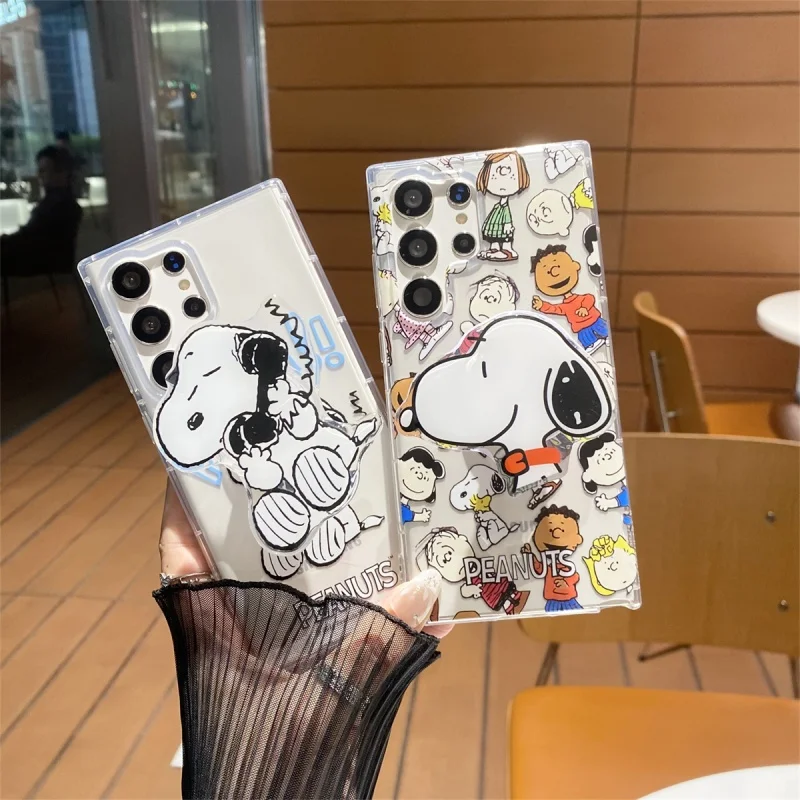 

Funny Cartoon Cute Snoopy peanut Holder Phone Case For Samsung S22 S23 S24 S25 Ultra S30 Plus Note 10 20 Snoopy Clear TPU Cover