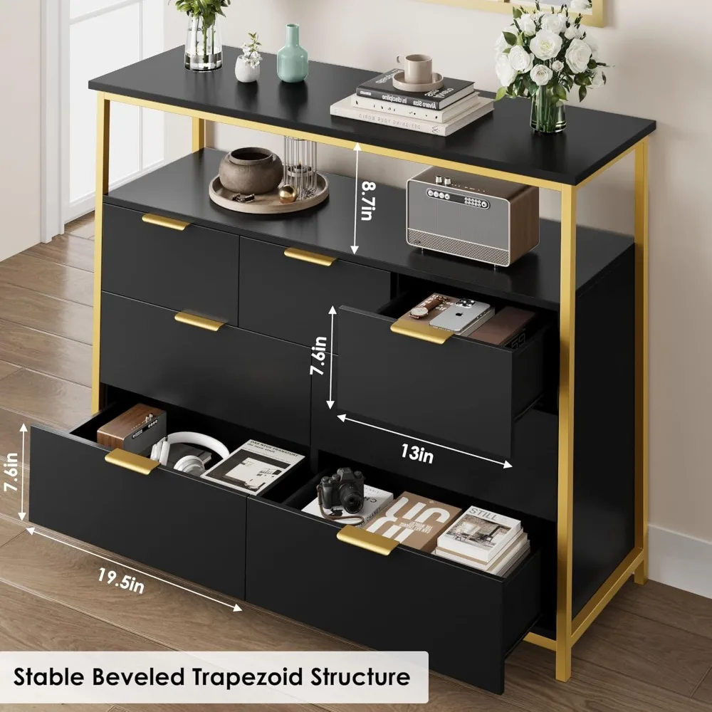 خزانة سوداء واسعة ذات 7 أدراج مع مقابض معدنية حديثة لتخزين كافية