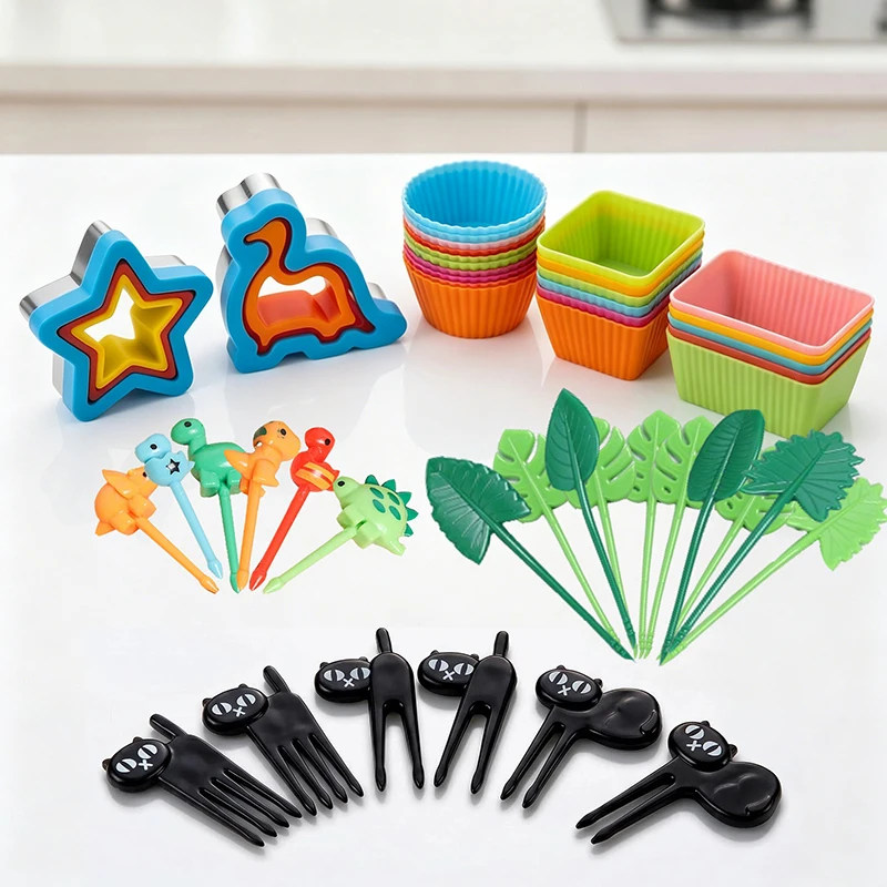 Dinosaur Cat Bento Box Accessories Set, Sandwich Cutters & Fruit Forks, Macaron Cupcake Liners Lunch Decor for Kids Boys Girls
